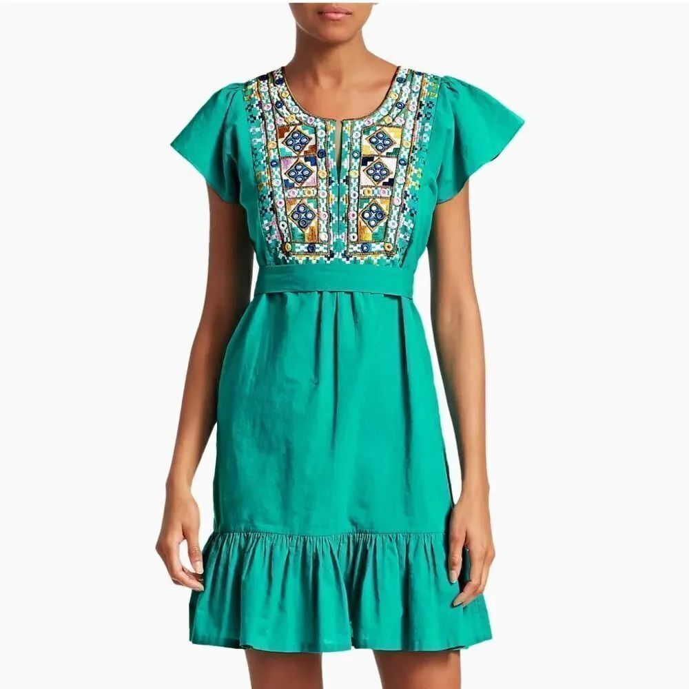 NWT Figue Florian Embroidered Dress Aqua Large